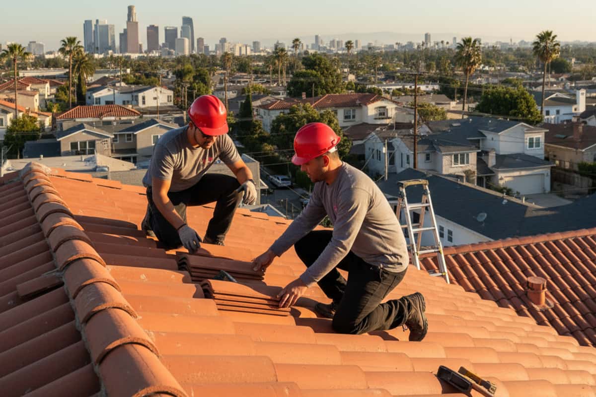 LA Roof Services team working on a residential roof in Los Angeles