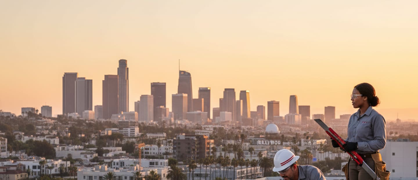Stunning Los Angeles skyline with a newly installed roof in the foreground, showcasing expert roofing services.