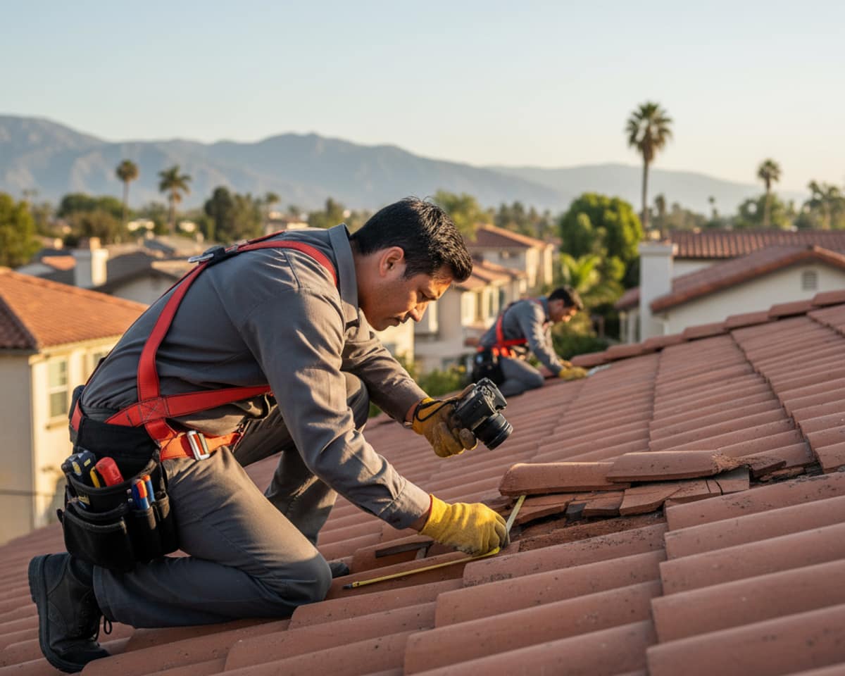 Skilled LA Roof Services technician inspecting a residential roof for damage in Alhambra