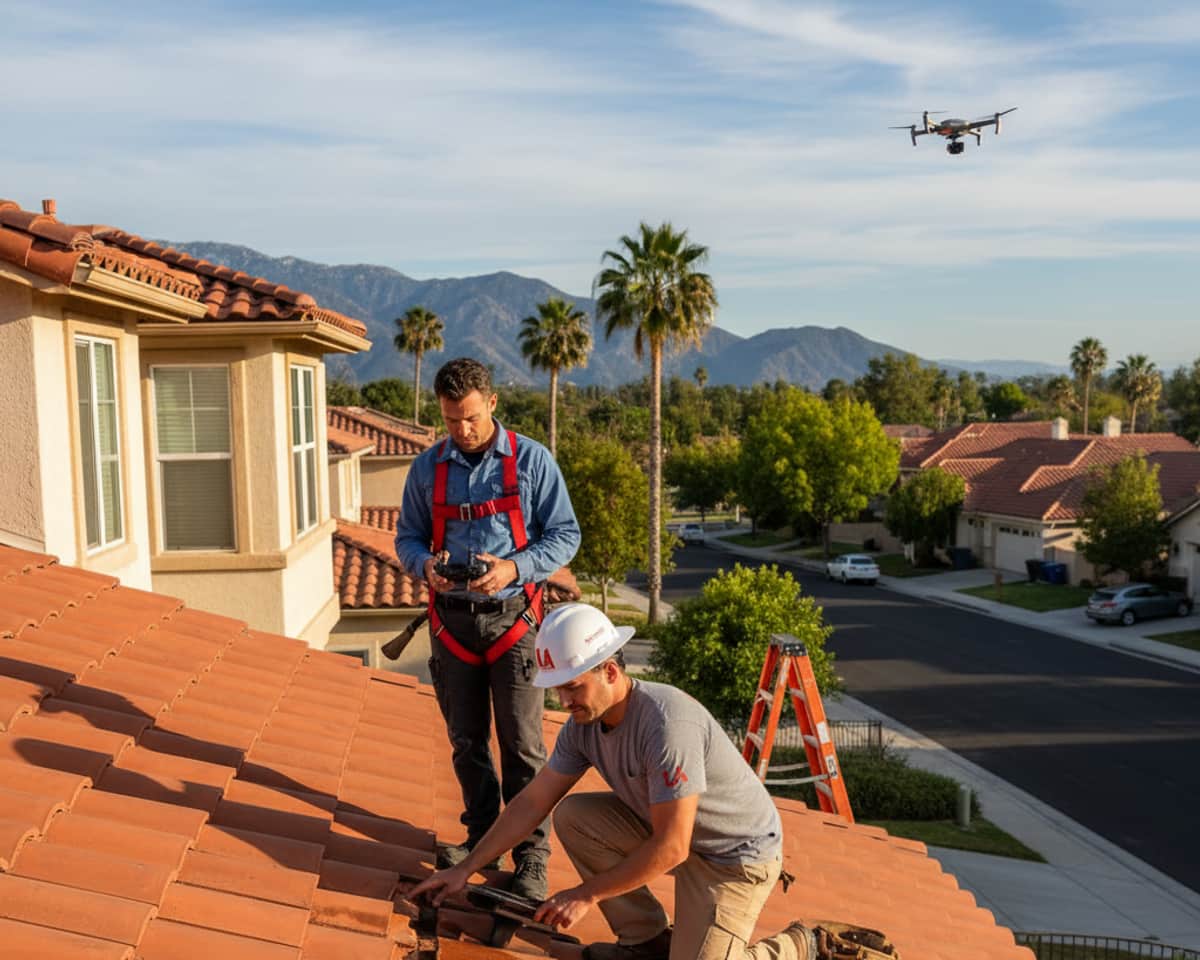 LA Roof Services team inspecting a roof in Arcadia for storm damage.