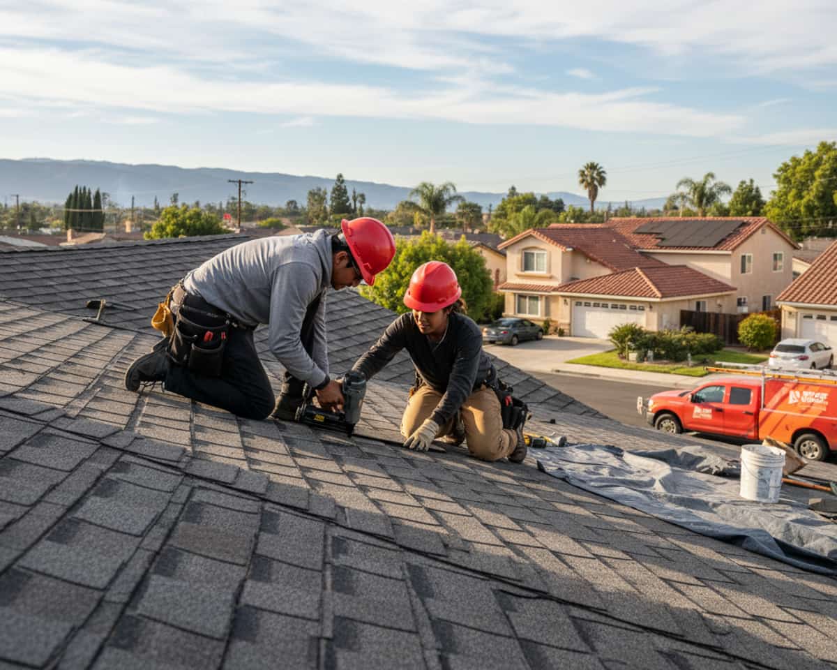 Roofing contractors repairing a residential roof in Burbank