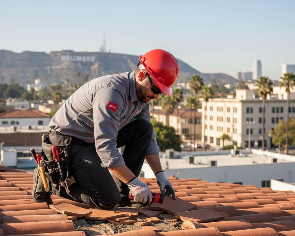 Skilled roofer inspecting damage on a tile roof in Hollywood, demonstrating expertise and attention to detail during an emergency.
