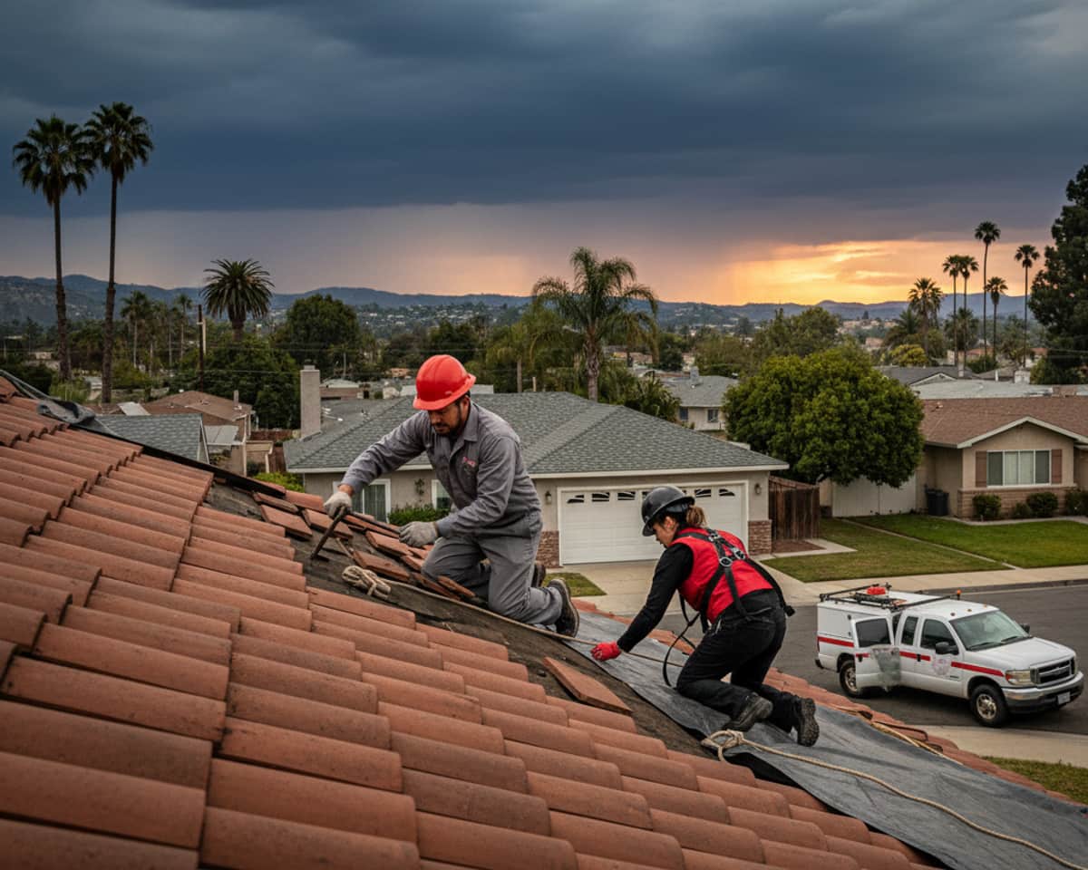 Roofers performing emergency repairs on a residential roof in a Los Angeles neighborhood