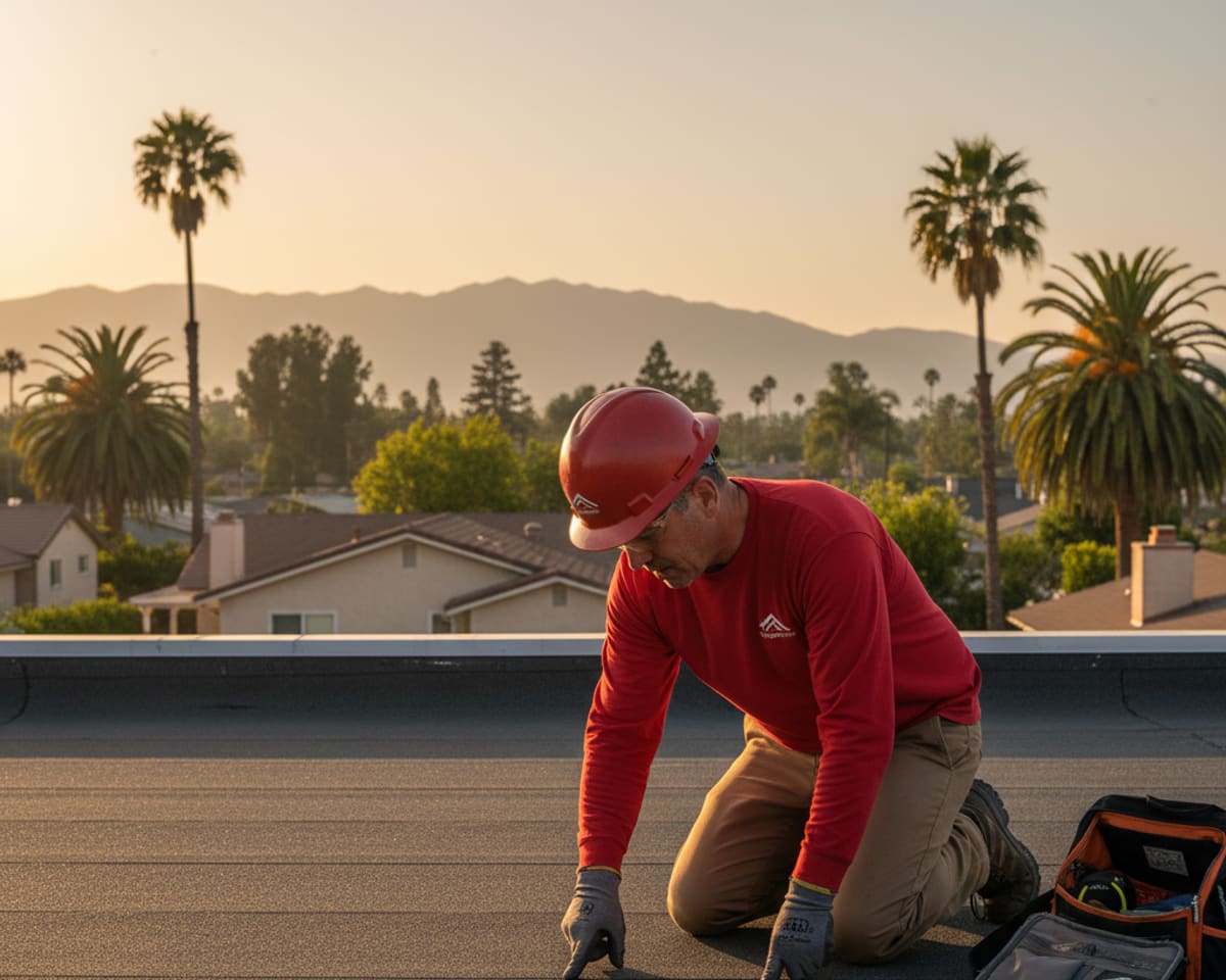 LA Roof Services team member inspecting a flat roof on a residential property in Arcadia, checking for wear and potential issues.