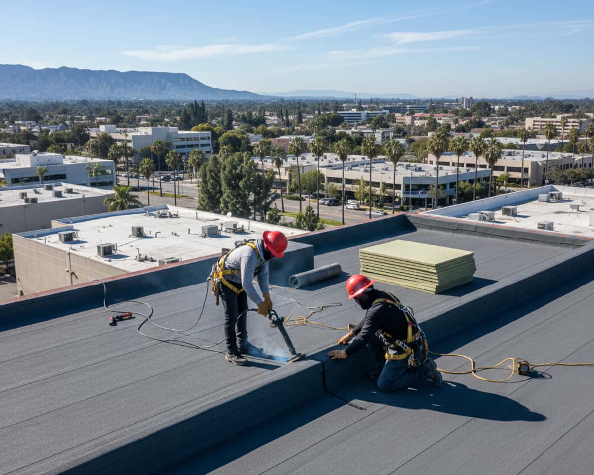 An aerial view of a neatly installed flat roof on a commercial building in Burbank with the city skyline in the background.