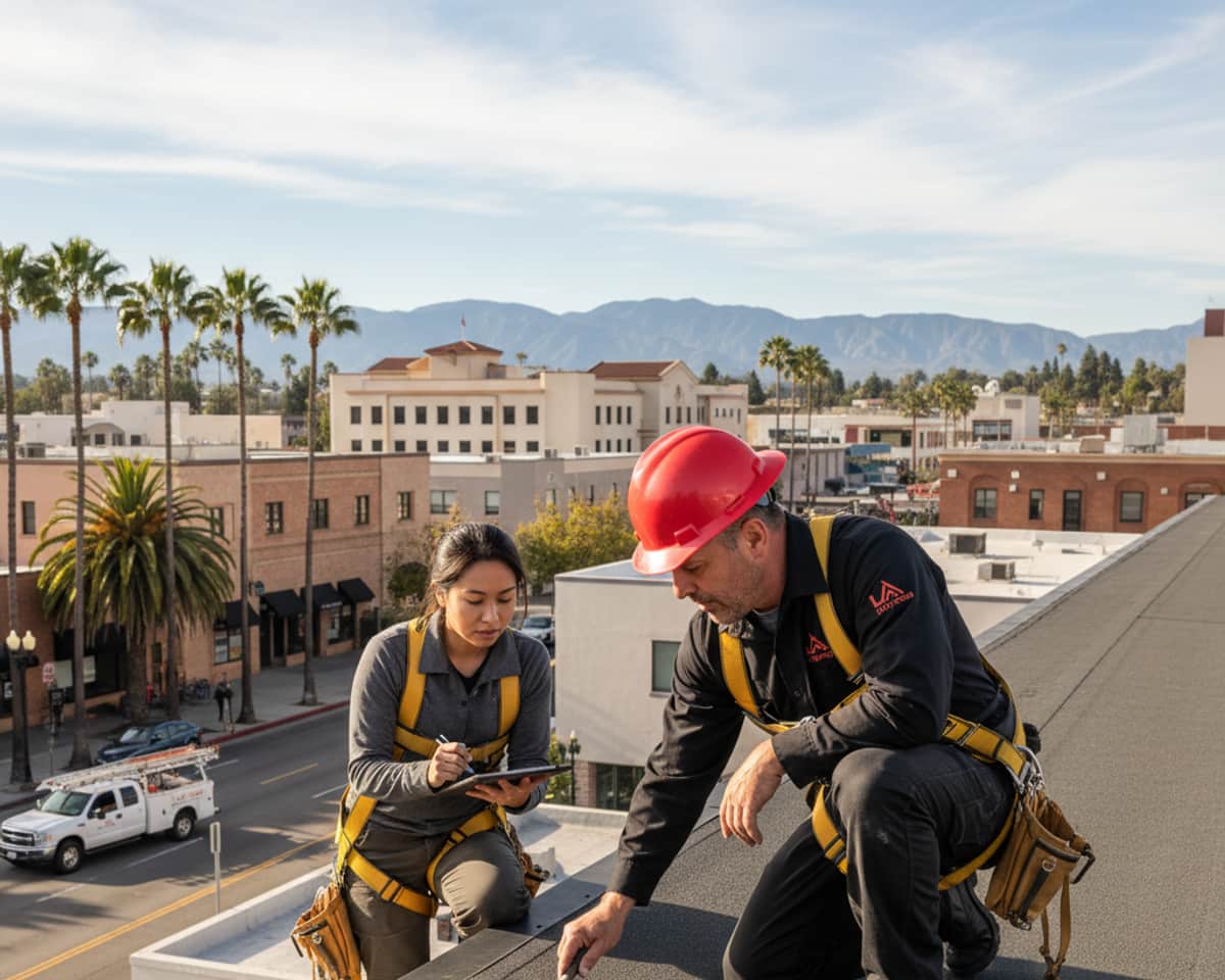 Roofer inspecting a flat roof membrane on a Glendale building.
