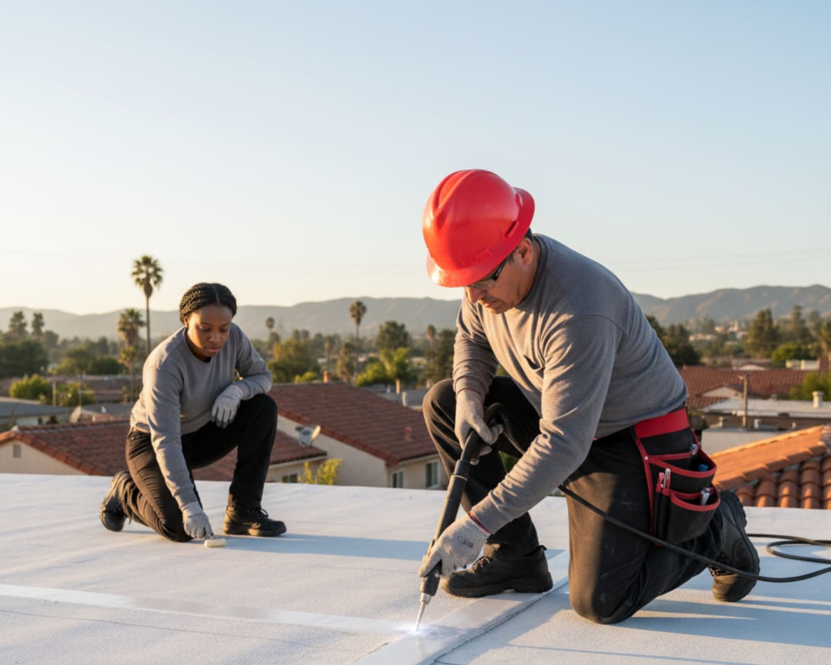 Close-up of a high-quality TPO flat roofing membrane being installed on a Montebello property
