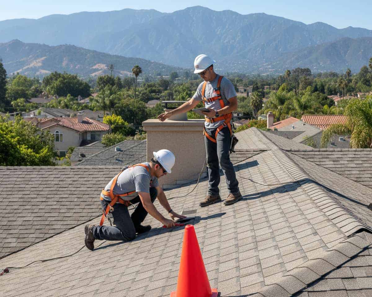A close-up of a well-maintained shingle roof with a clear blue sky in Altadena