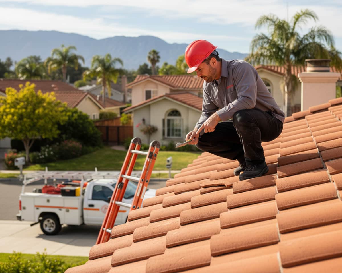 Roof repair specialist examining a tile roof in Arcadia