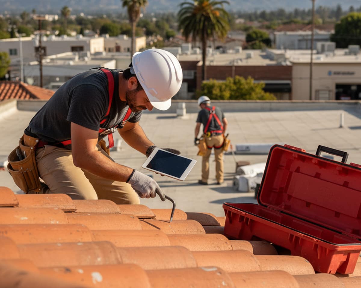 Close-up of a roofing expert performing a detailed roof inspection in Glendale