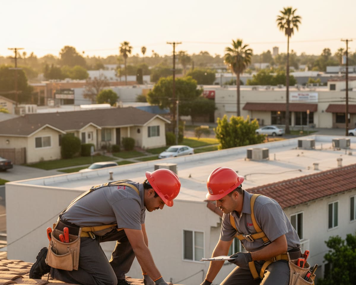 LA Roof Services technician inspecting a residential roof in North Hollywood