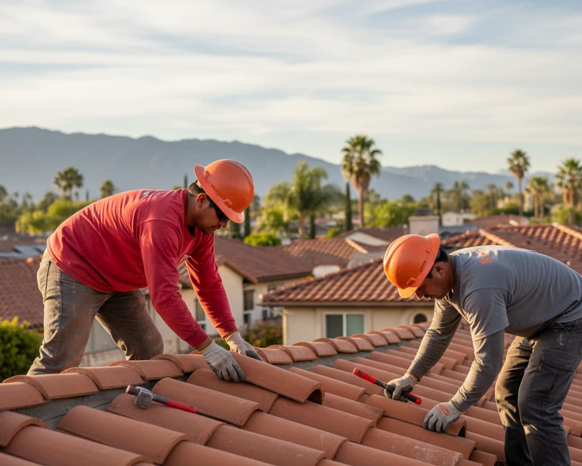 Close-up of new tile roofing being installed on a residential home in Alhambra