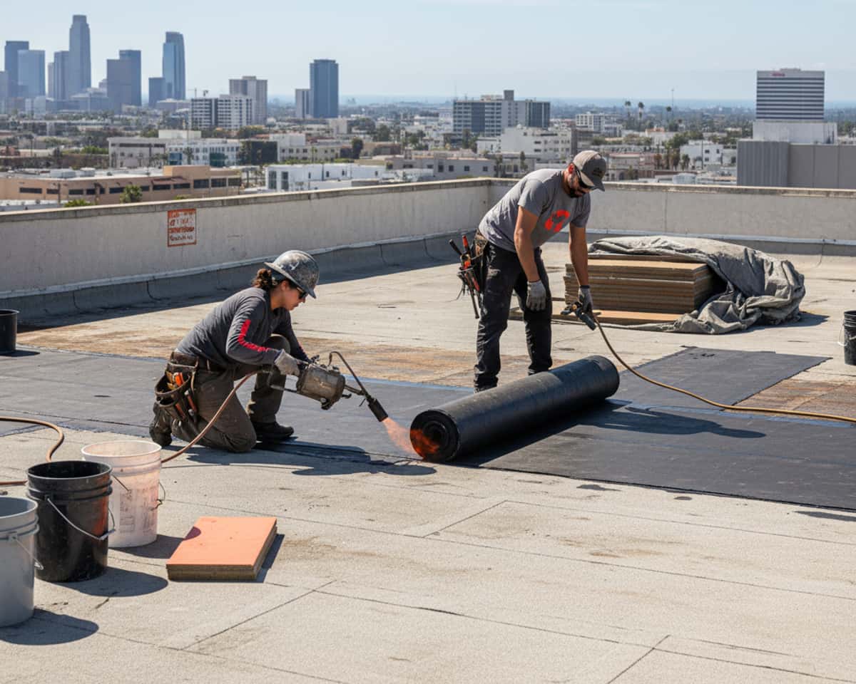 Roofer team installing new flat roofing system on a commercial building in Los Angeles.