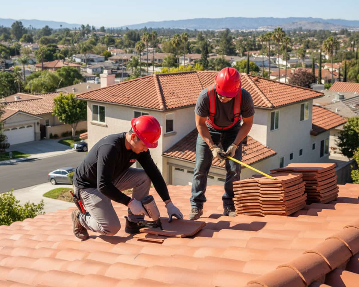 Roofing professionals working on a residential new roof installation in Montebello
