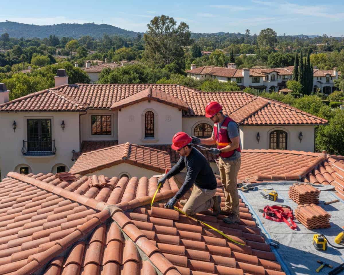 Roofing contractor inspecting new roof construction in San Marino