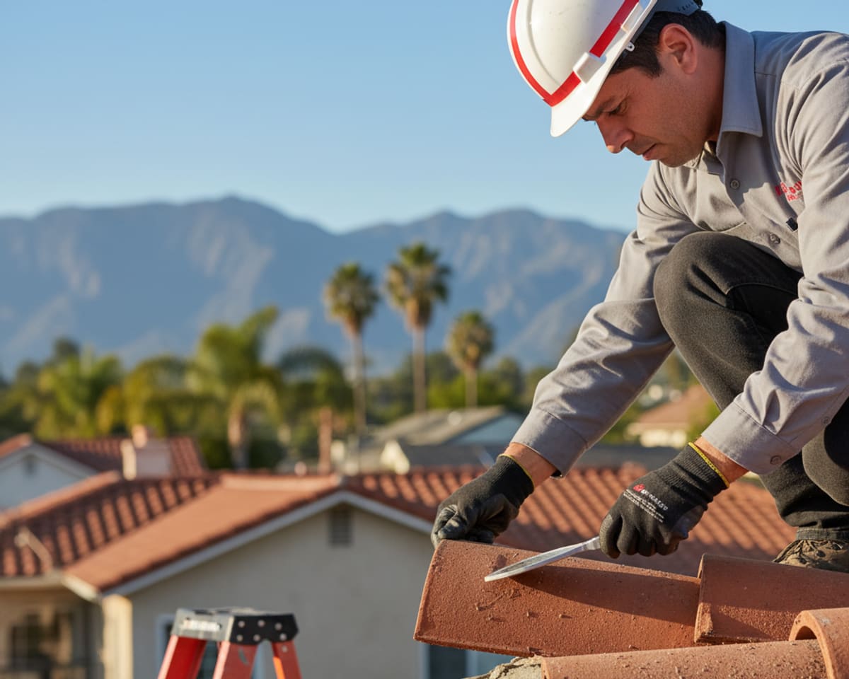 Close-up of a professional inspecting roof tiles in Alhambra
