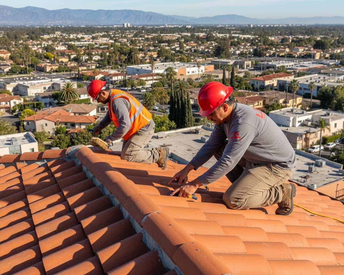 Rooftop view of Glendale city with well-maintained roofs under a clear, sunny sky