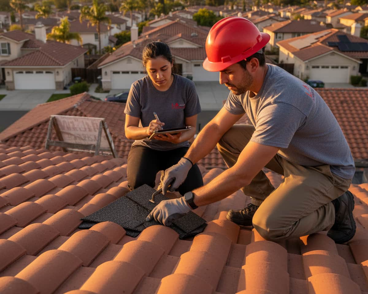 Close-up of a roofer inspecting shingles for damage during maintenance in Montebello