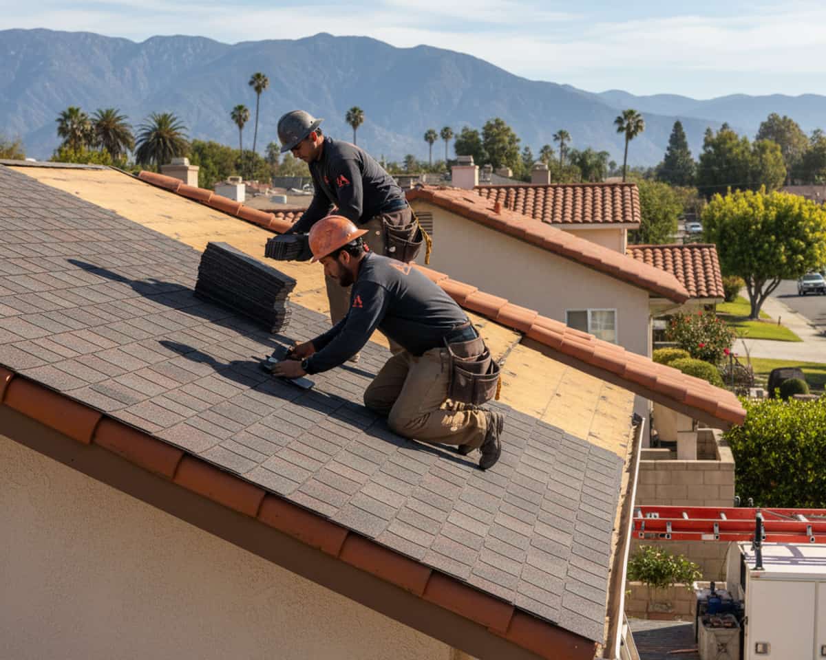 Roofing crew installing new shingles on a residential home in Alhambra