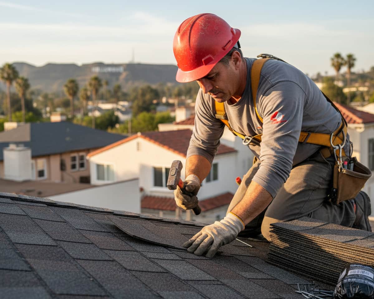 Close-up of a roofer installing new shingles on a Hollywood home, demonstrating skilled craftsmanship