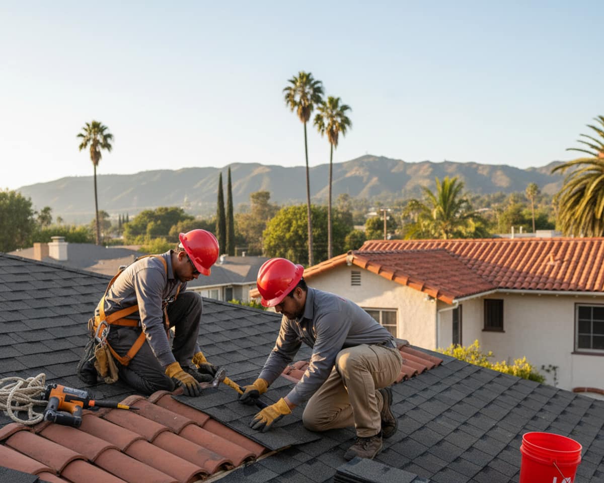 Roofers working on a residential reroofing project in Pasadena, careful and precise