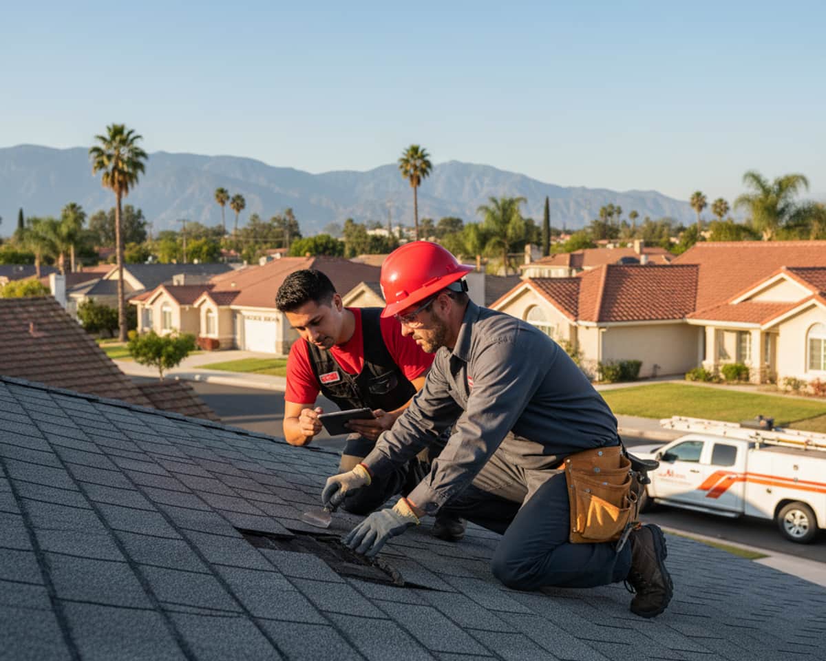 Roof repair technician inspecting a shingle roof in a Glendale neighborhood
