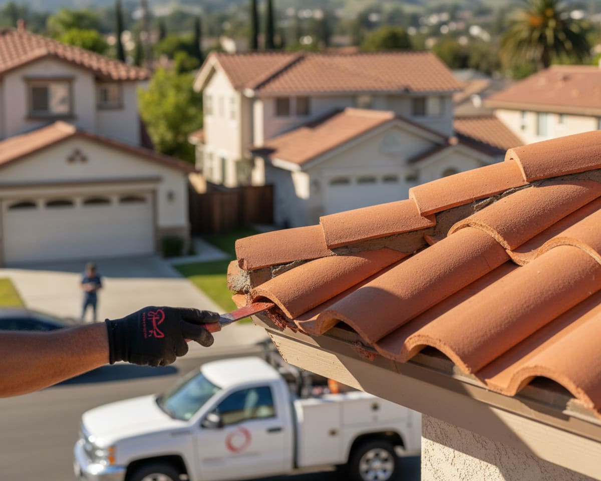 A close-up of a repaired section of a tile roof, showing attention to detail, against a Montebello neighborhood background