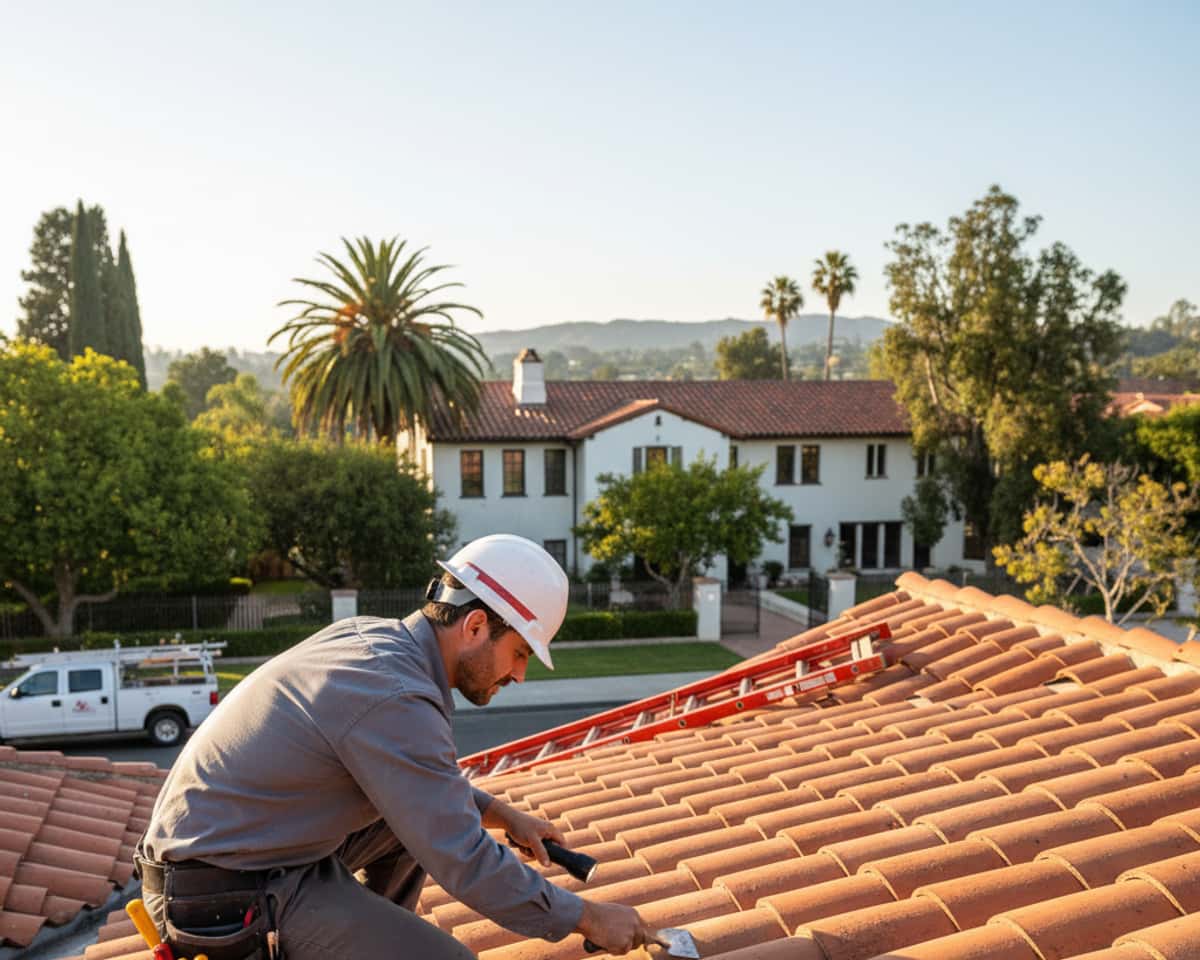 Roofing technician inspecting a residential roof in San Marino