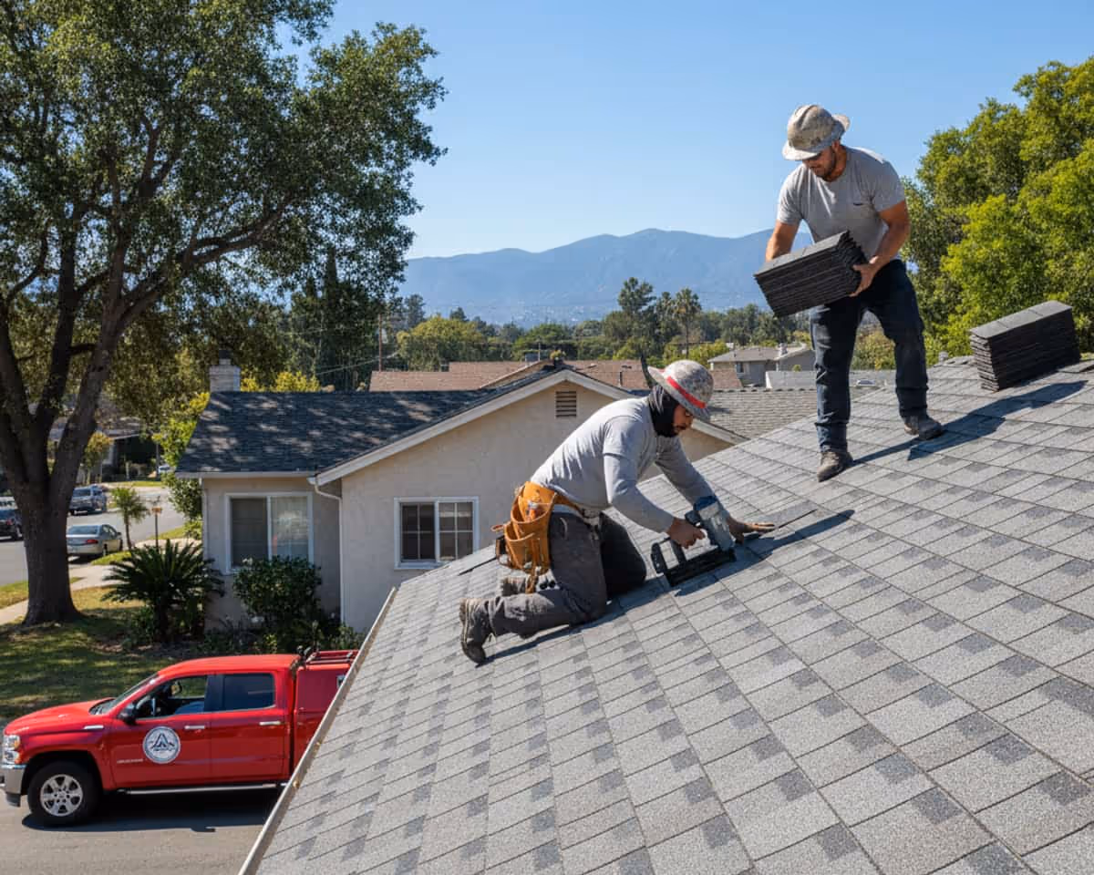 Roofer installing asphalt shingles on a residential roof in Altadena