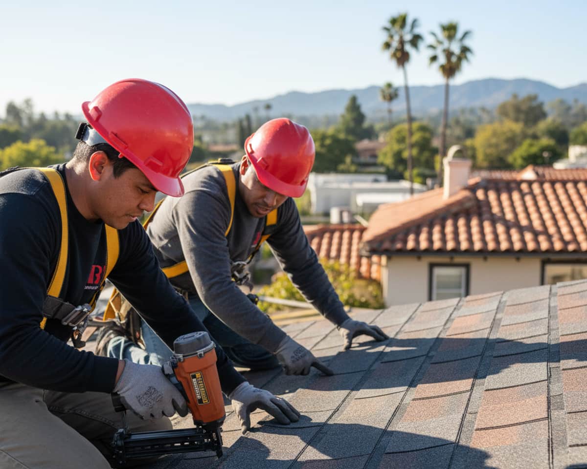 Close-up of modern architectural shingles on a residential roof, highlighting texture and color.
