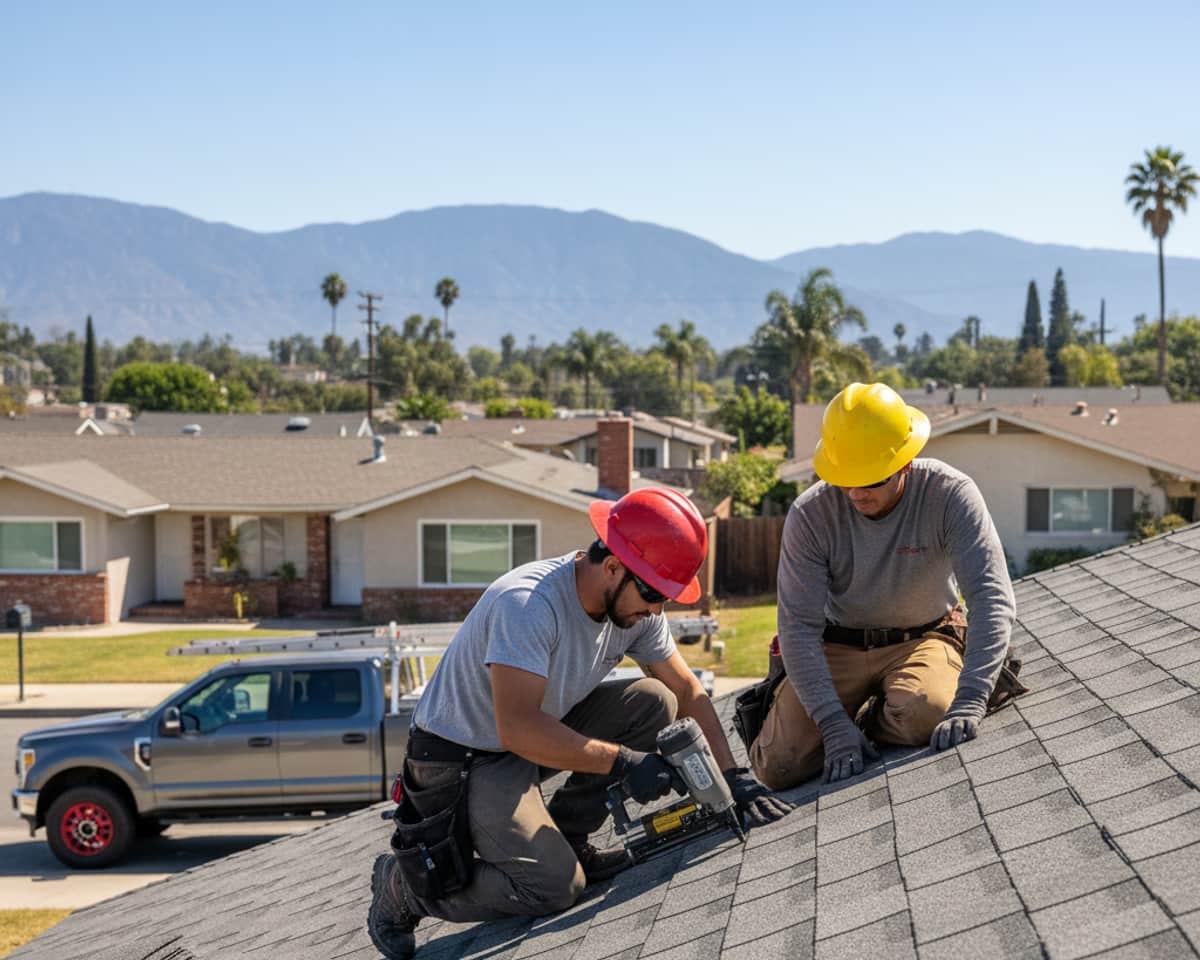Skilled roofers carefully installing shingle tiles on a residential roof in Burbank.