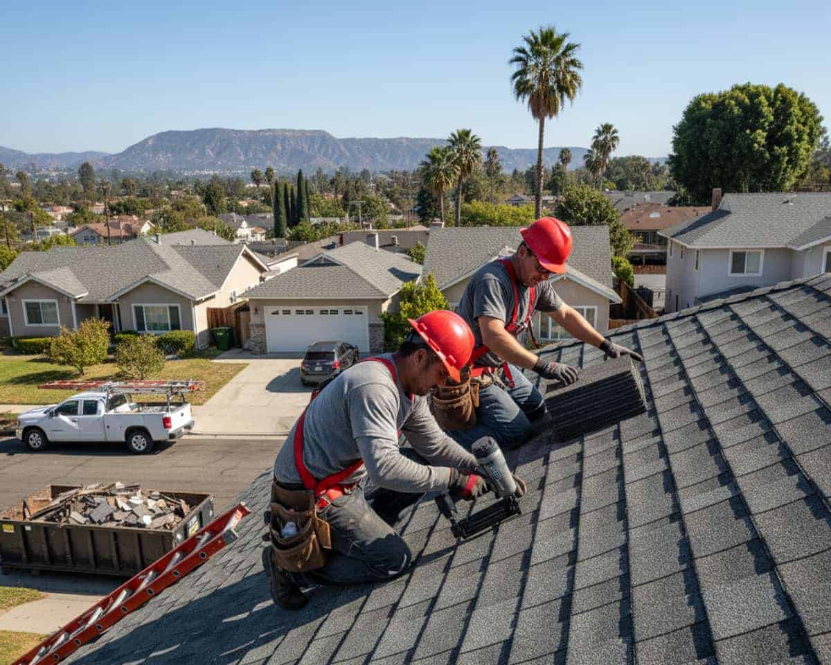 Roofer installing asphalt shingles on a residential roof in Los Angeles.