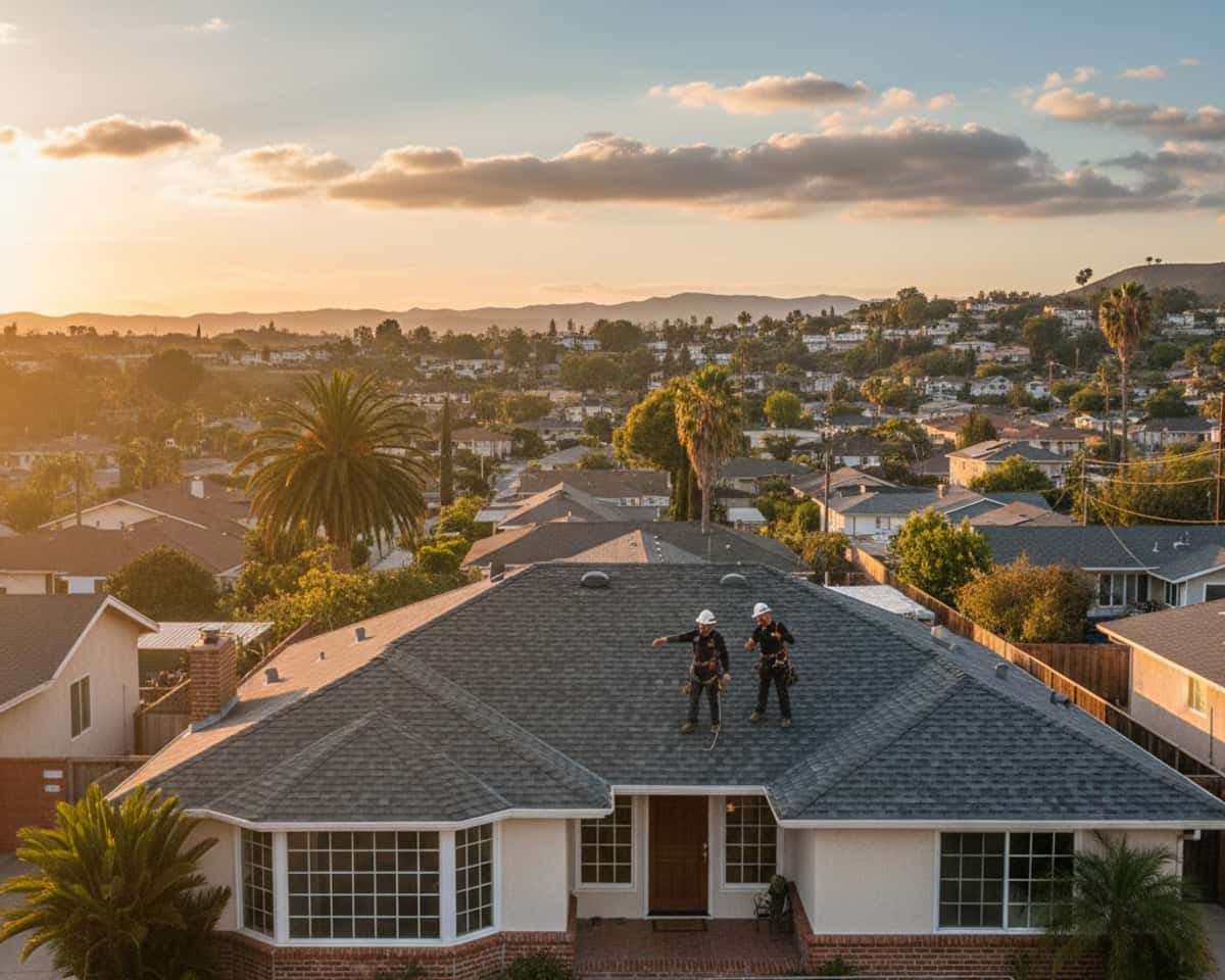Newly installed asphalt shingle roof on a Montebello home