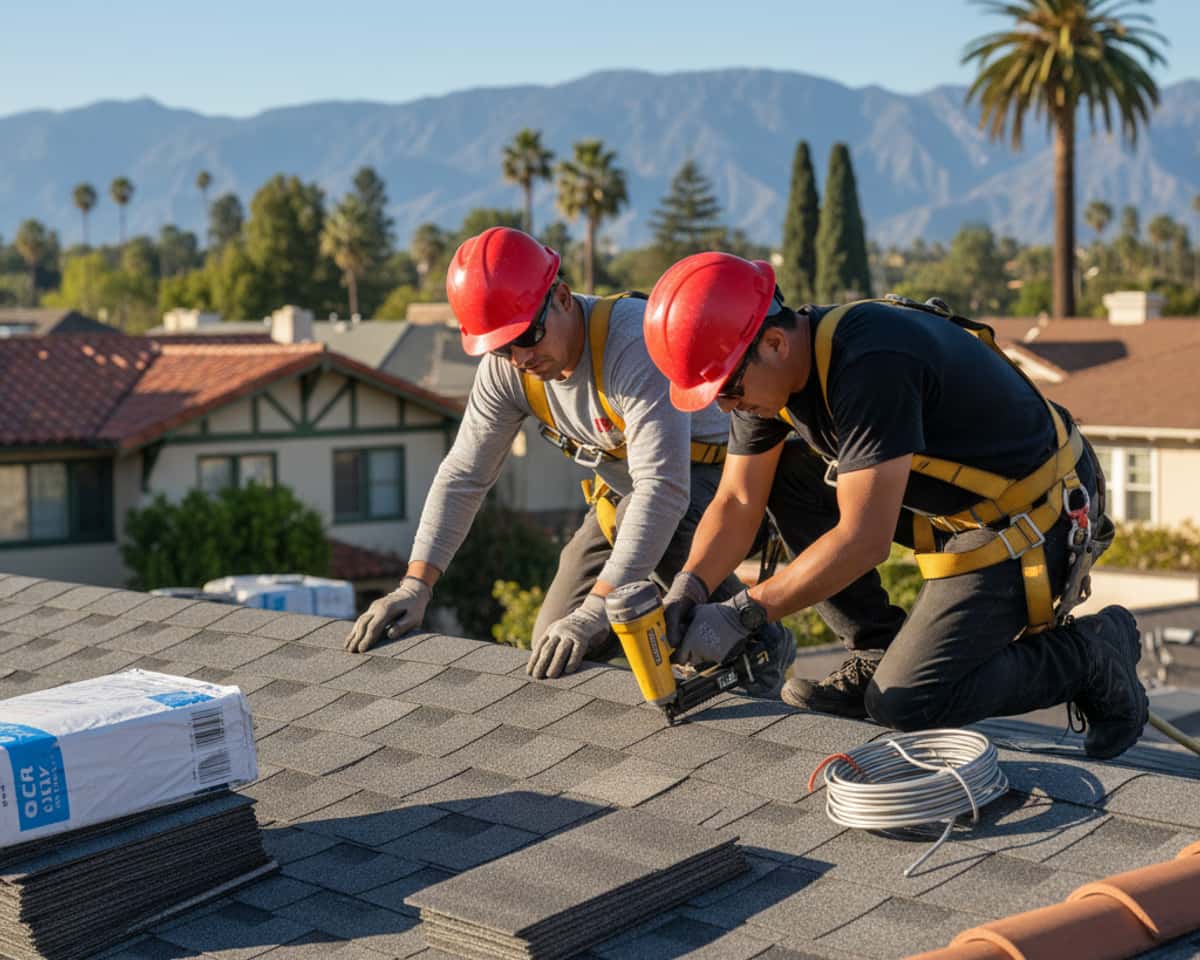 Roofer installing asphalt shingles on a residential roof in Pasadena, focusing on precision