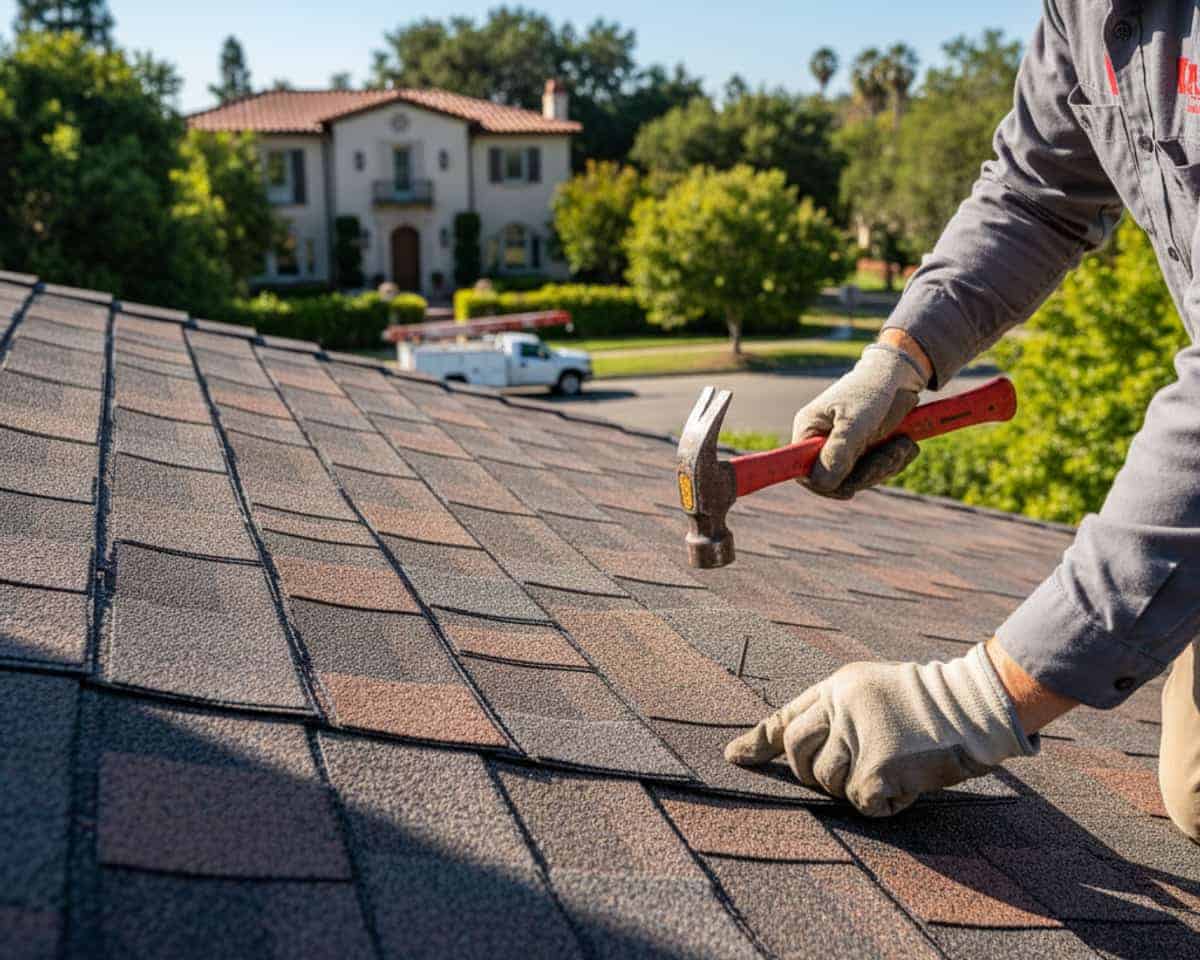 Close-up of modern asphalt shingles on a residential roof, highlighting texture and color.