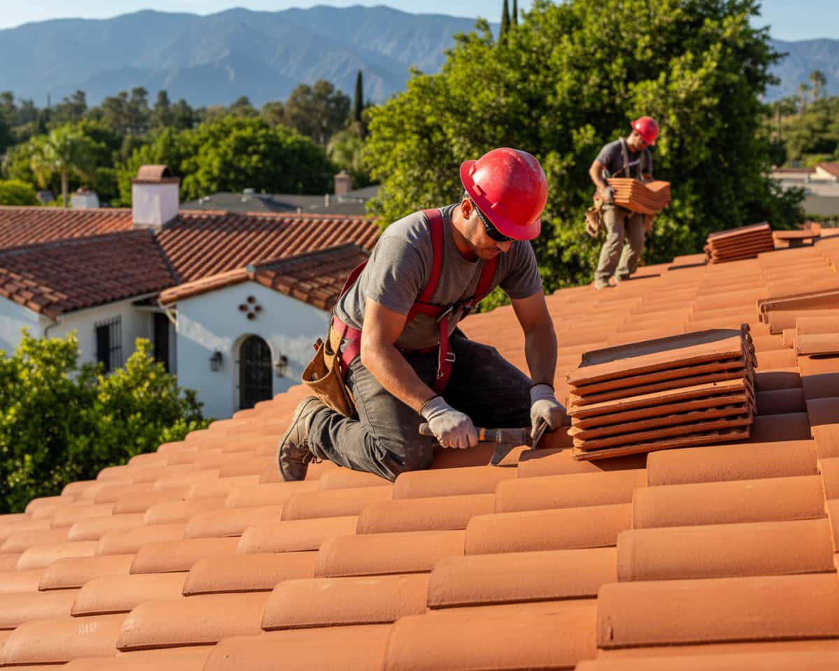 Skilled roofer installing terracotta tiles on a residential roof in Altadena