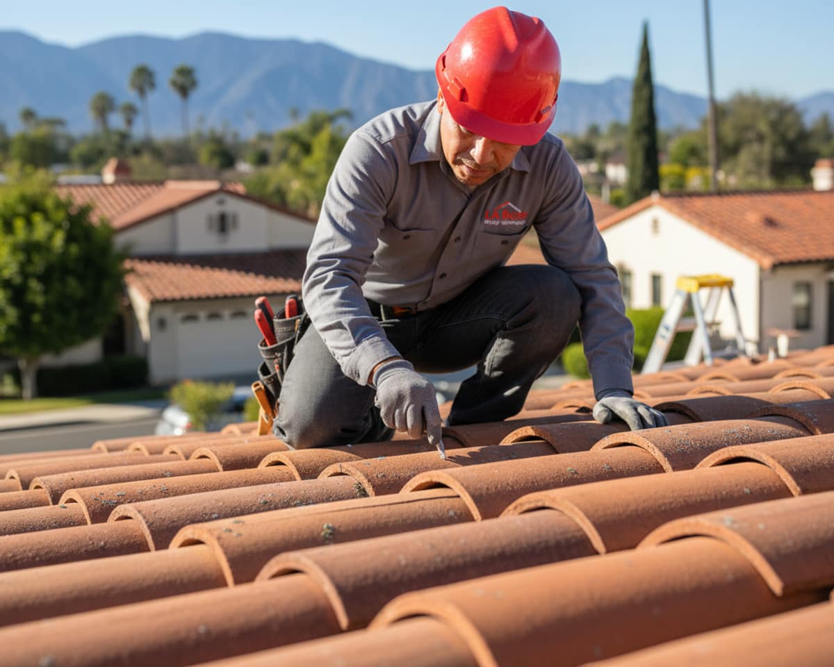 Close-up of a skilled roofer inspecting tile work on a residential roof in Arcadia