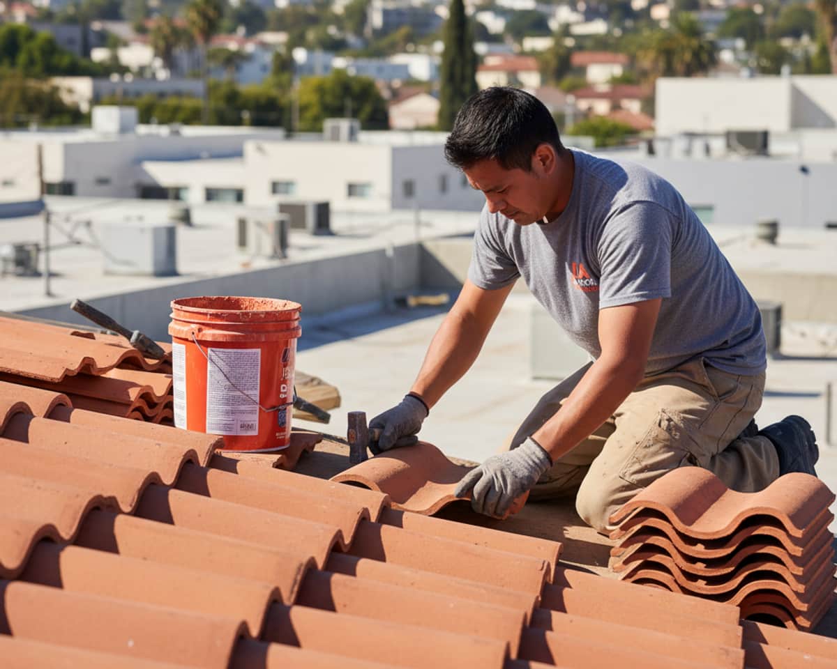 Craftsman installing new terracotta tiles on a residential roof