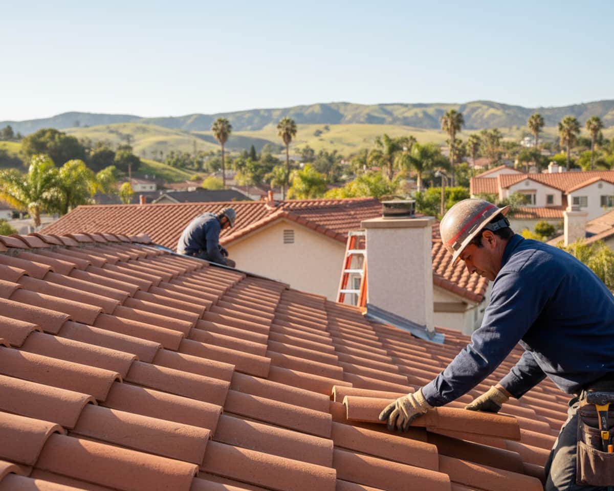 Close-up of newly installed terracotta tile roof in Montebello