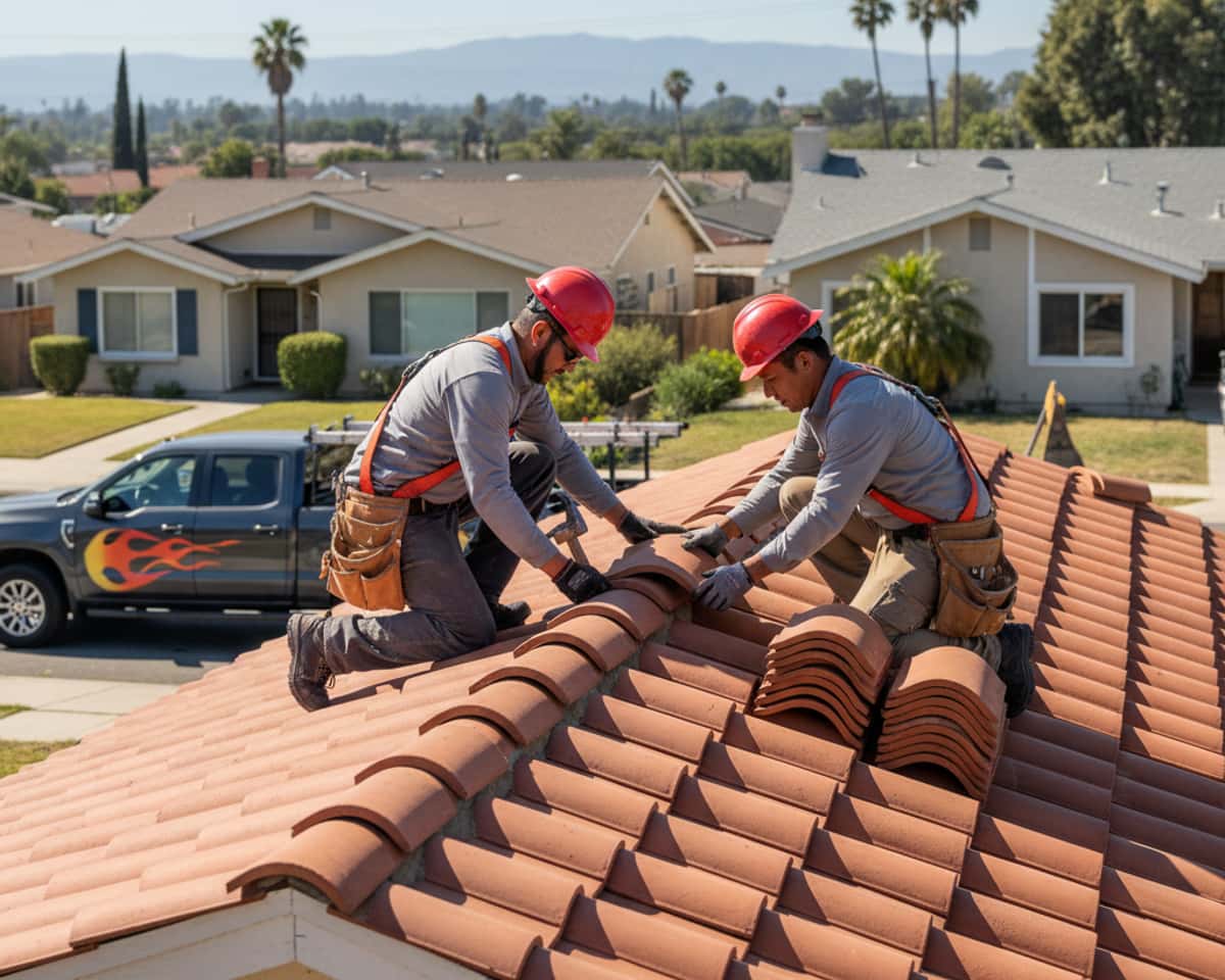 Skilled roofers carefully installing ceramic tiles on a roof in North Hollywood