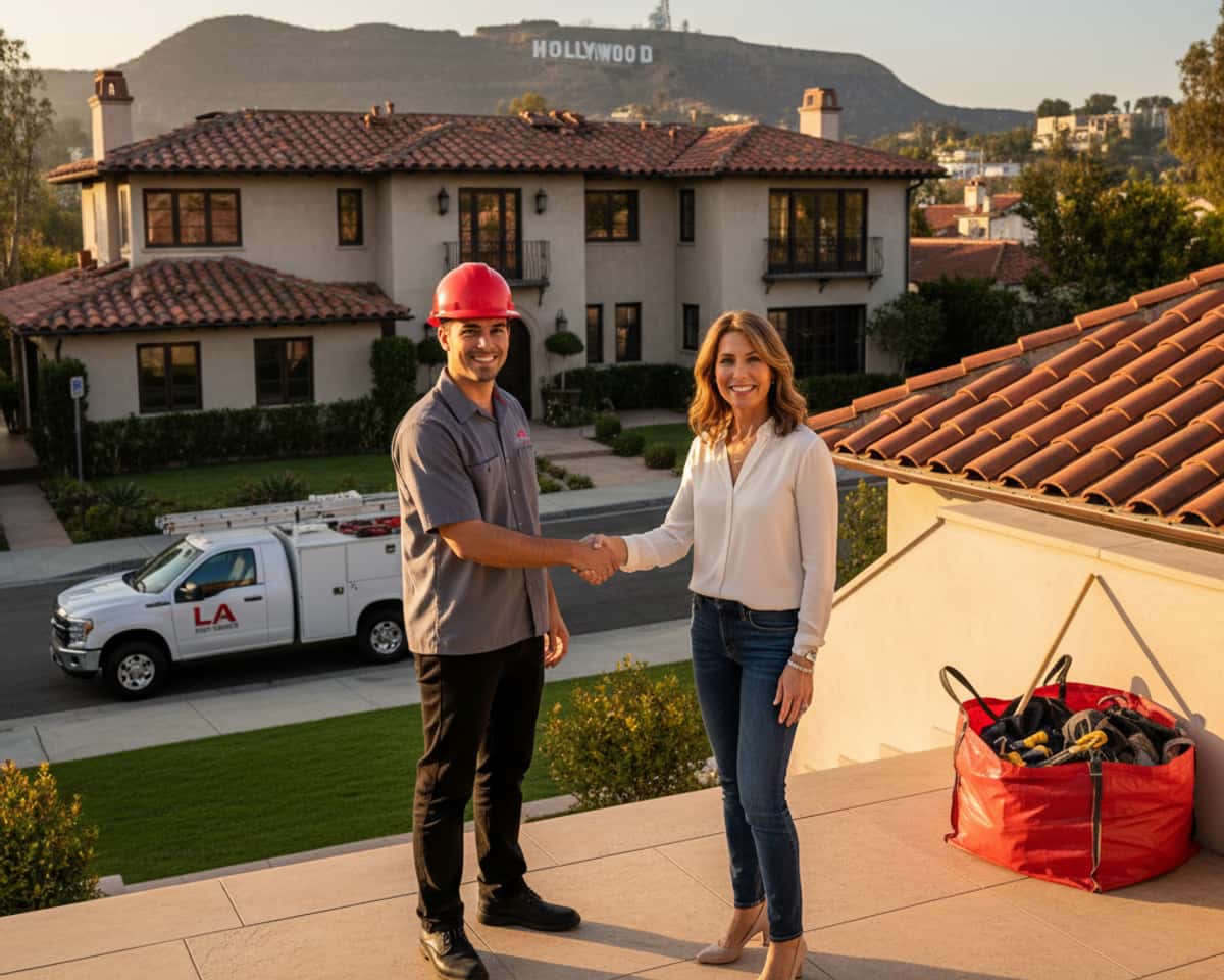 LA Roof Services team member shaking hands with a satisfied Hollywood homeowner after a successful emergency roof repair, highlighting customer-first service.