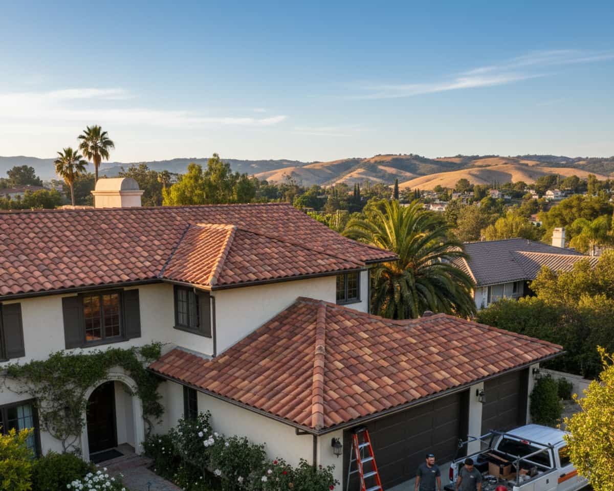 LA Roof Services team working on a residential roof in San Marino, ensuring quality and safety.