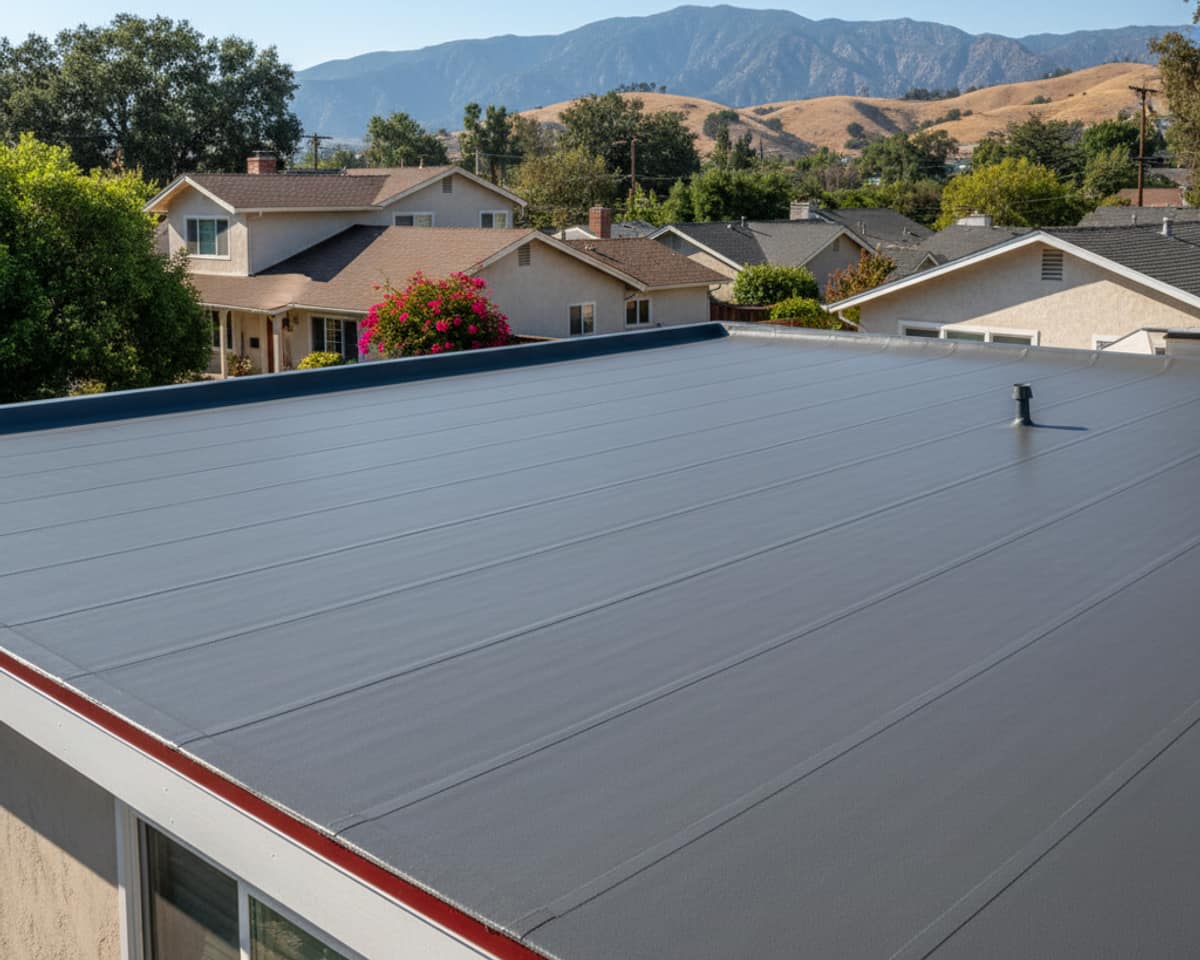 Close-up of a newly installed flat roof system with smooth, watertight membrane