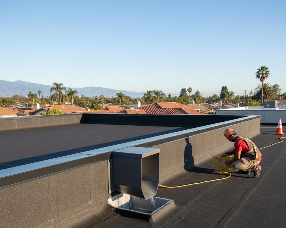 A newly completed flat roof with clean edges and a new drainage system on an Arcadia business, reflecting quality craftsmanship.