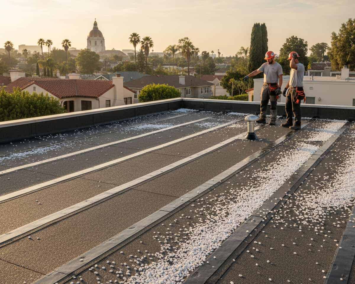 LA Roof Services crew installing modified bitumen flat roofing in Pasadena, showing quality work.