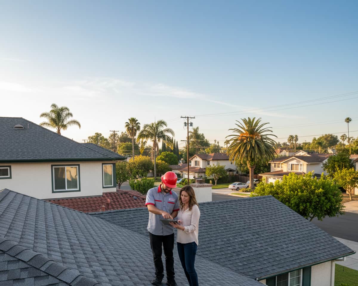 LA Roof Services team member reviewing a detailed roof inspection report with a homeowner in Alhambra.