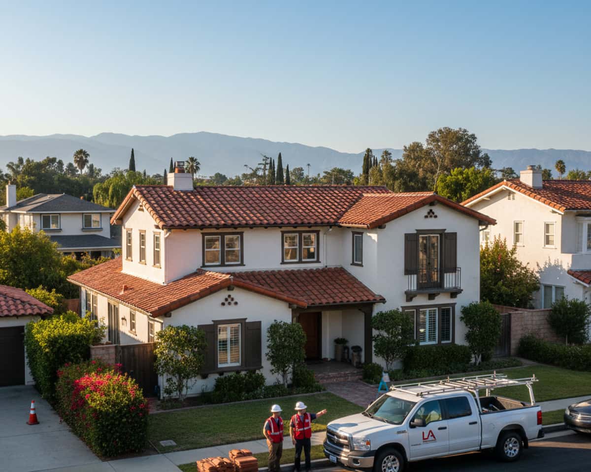 LA Roof Services team working on a roof in a Burbank neighborhood