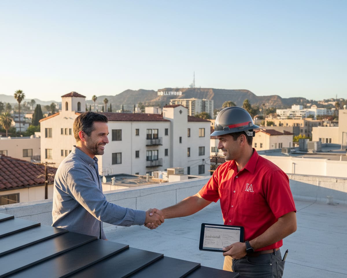 LA Roof Services team member on a rooftop discussing inspection findings with a homeowner in Hollywood, showing professionalism.
