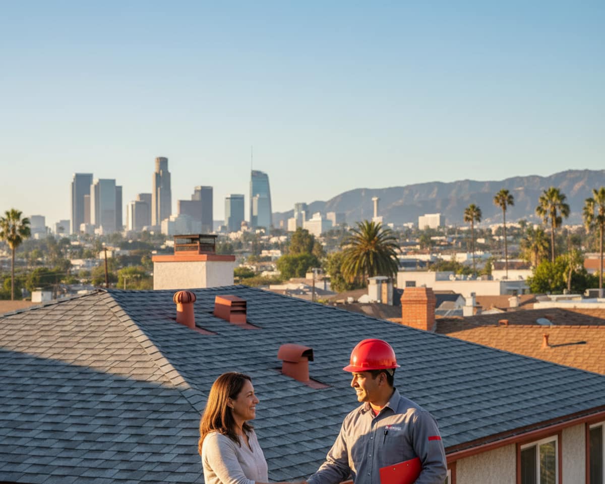 Happy homeowner shaking hands with a roofer after a free roof inspection in Los Angeles