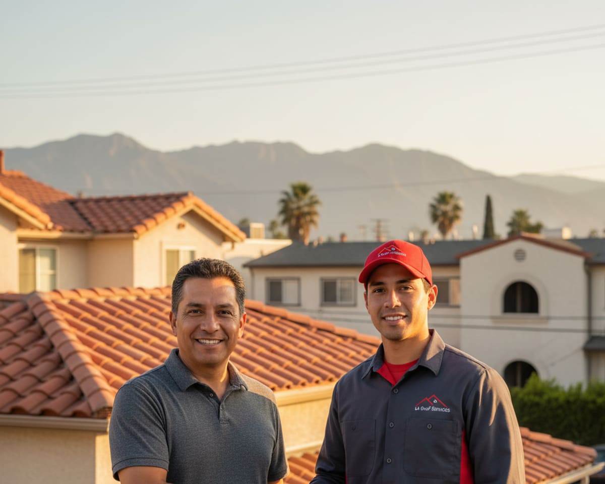 Satisfied North Hollywood homeowner shaking hands with LA Roof Services contractor